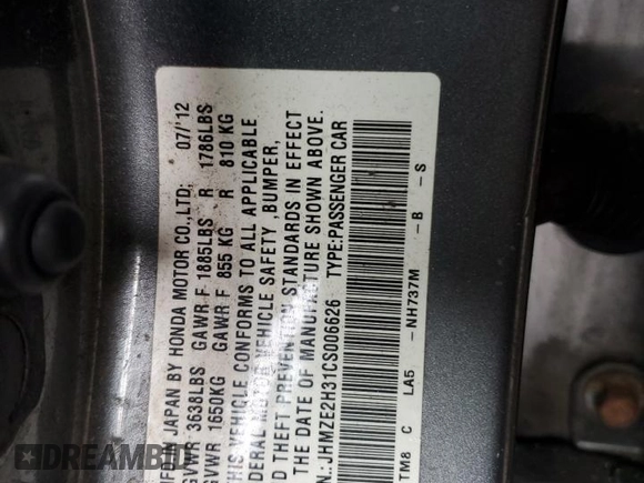 2012 Honda Insight with VIN JHMZE2H31CS006626, listed as a Copart auction lot 43624445 with 155,512 mi miles and Clean title. Bid and sale history available at DreamBid. Image 13.