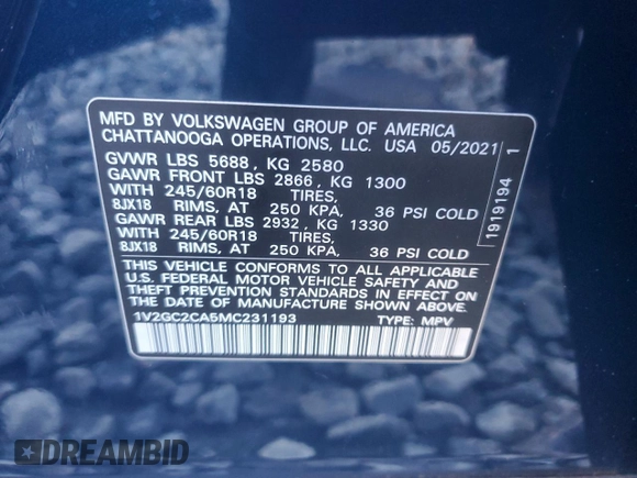 2021 Volkswagen Atlas S with VIN 1V2GC2CA5MC231193, listed as a Copart auction lot 86912884 with 25,595 mi miles and Salvage title. Bid and sale history available at DreamBid. Image 15.