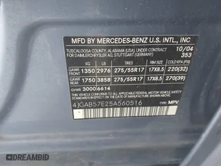 2005 Mercedes-Benz M-Class 3.7L with VIN 4JGAB57E25A560516, listed as a IAAI auction lot 41898369 with 125,927 mi miles. Bid and sale history available at carsss.com. Image 9.
