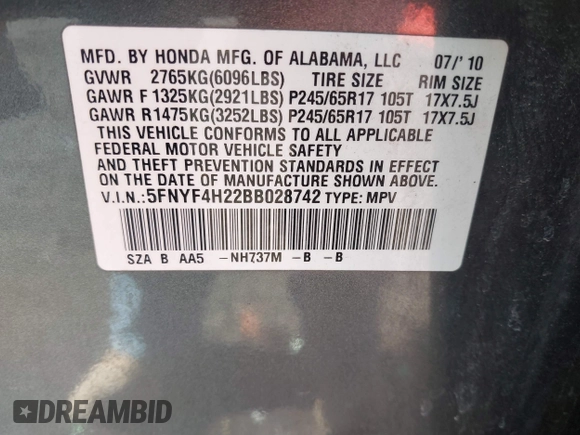 2011 Honda Pilot LX with VIN 5FNYF4H22BB028742, listed as a IAAI auction lot 41856146 with 190,615 mi miles. Bid and sale history available at carsss.com. Image 9.