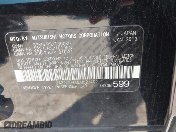 2013 Mitsubishi Lancer ES with VIN JA32U2FU2DU021402, listed as a IAAI auction lot 41703805 with Not provided miles and . Bid and sale history available at DreamBid. Image 9.