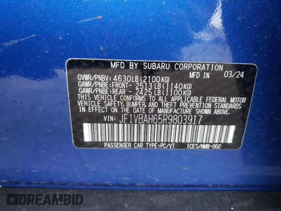 2024 Subaru WRX Premium with VIN JF1VBAH65R9803917, listed as a Copart auction lot 53911935 with 10,537 mi miles and Salvage title. Bid and sale history available at DreamBid. Image 12.