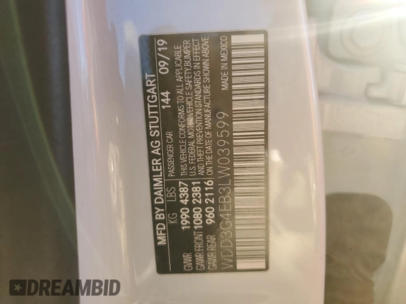 2020 Mercedes-Benz A 220 with VIN WDD3G4EB3LW039599, listed as a Copart auction lot 85500624 with 36,760 mi miles and Salvage Title. Bid and sale history available at DreamBid. Image 14.