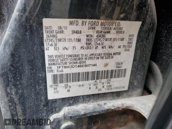 2011 Ford F-350 XL с VIN 1FT8W3DT4BEB07145, выставлен на аукционе Copart как лот 65760755 с пробегом Не указан миль и Чистый • Clean title. История ставок и продаж доступна на DreamBid. Изображение 12.