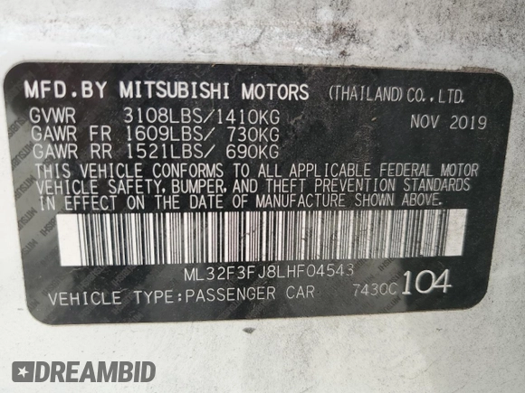 2020 Mitsubishi Mirage G4 ES with VIN ML32F3FJ8LHF04543, listed as a Copart auction lot 54212004 with 75,631 mi miles. Bid and sale history available at carsss.com. Image 13.