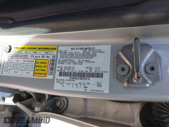 2019 Ford Fusion SE with VIN 3FA6P0LU1KR222141, listed as a IAAI auction lot 42000677 with 122,898 mi miles and . Bid and sale history available at carsss.com. Image 9.