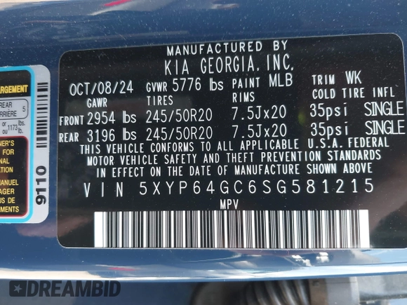2025 Kia Telluride S with VIN 5XYP64GC6SG581215, listed as a IAAI auction lot 42295271 with 17,941 mi miles and . Bid and sale history available at DreamBid. Image 9.