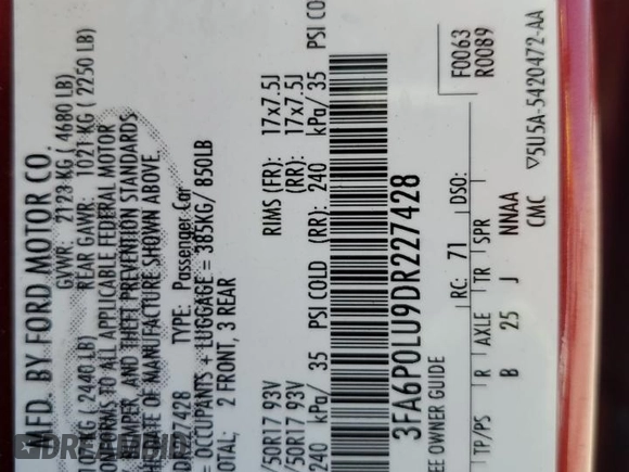 2013 Ford Fusion SE Hybrid with VIN 3FA6P0LU9DR227428, listed as a Copart auction lot 60449035 with 146,971 mi miles and Salvage title. Bid and sale history available at DreamBid. Image 13.