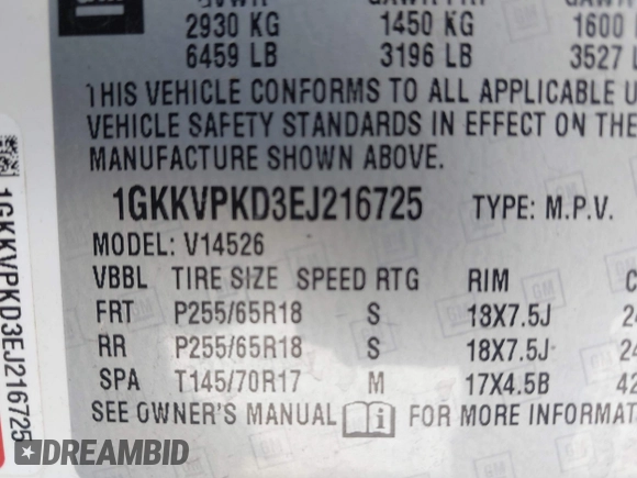 2014 GMC Acadia SLE with VIN 1GKKVPKD3EJ216725, listed as a IAAI auction lot 42138452 with 184,998 mi miles and . Bid and sale history available at carsss.com. Image 9.