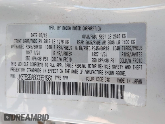 2012 Mazda CX-9 Sport z VIN JM3TB2BA6C0361981, wystawiony jako IAAI lot #42320797 z przebiegiem 152 239 mil mil oraz . Historia ofert i sprzedaży dostępna na DreamBid. Obrazek 9.