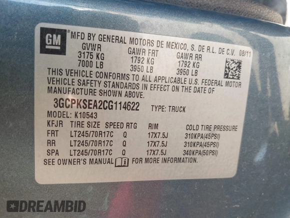 2012 Chevrolet Silverado 1500 LT with VIN 3GCPKSEA2CG114622, listed as a IAAI auction lot 42083333 with 179,702 mi miles and . Bid and sale history available at DreamBid. Image 9.