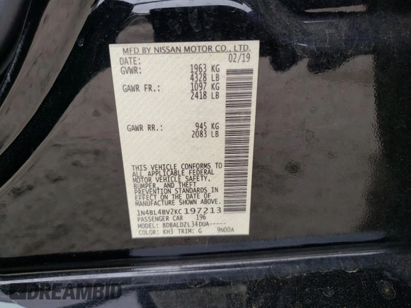 2019 Nissan Altima S z VIN 1N4BL4BV2KC197213, wystawiony jako Copart lot #57772965 z przebiegiem 69 369 mil mil oraz Szkoda całkowita • Salvage title. Historia ofert i sprzedaży dostępna na DreamBid. Obrazek 13.