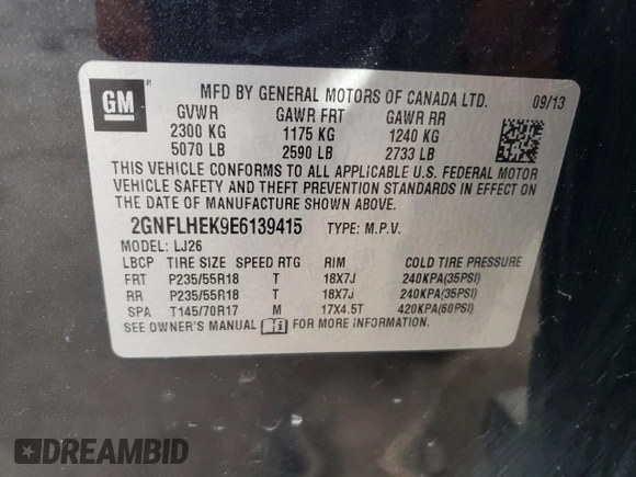 2014 Chevrolet Equinox LTZ with VIN 2GNFLHEK9E6139415, listed as a Copart auction lot 44001115 with 92,859 mi miles and Salvage Title. Bid and sale history available at carsss.com. Image 14.