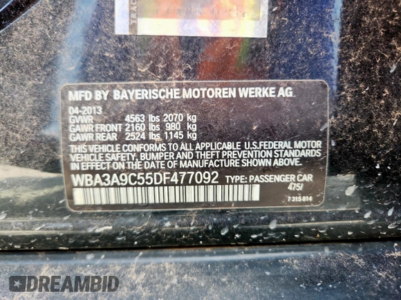 2013 BMW 3 Series 335i с VIN WBA3A9C55DF477092, выставлен на аукционе Copart как лот 59199995 с пробегом 123 792 миль миль и Чистый • Clean title. История ставок и продаж доступна на DreamBid. Изображение 12.