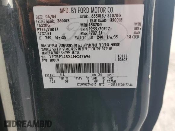 2004 Ford F-150 XL with VIN 1FTRF145X4NC47696, listed as a Copart auction lot 44232195 with 188,967 mi miles and Salvage Title. Bid and sale history available at DreamBid. Image 12.