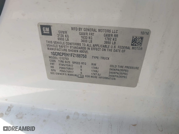 2015 Chevrolet Silverado 1500 LS with VIN 1GCRCPEH1FZ188750, listed as a IAAI auction lot 41054731 with 1 mi miles. Bid and sale history available at carsss.com. Image 9.