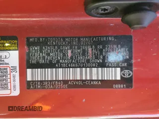 2007 Toyota Camry CE with VIN 4T1BE46K67U130082, listed as a Copart auction lot 43371785 with 0 mi miles and Salvage Title. Bid and sale history available at carsss.com. Image 12.