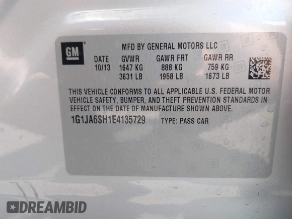 2014 Chevrolet Sonic LS with VIN 1G1JA6SH1E4135729, listed as a IAAI auction lot 42169273 with 74,969 mi miles and . Bid and sale history available at DreamBid. Image 9.