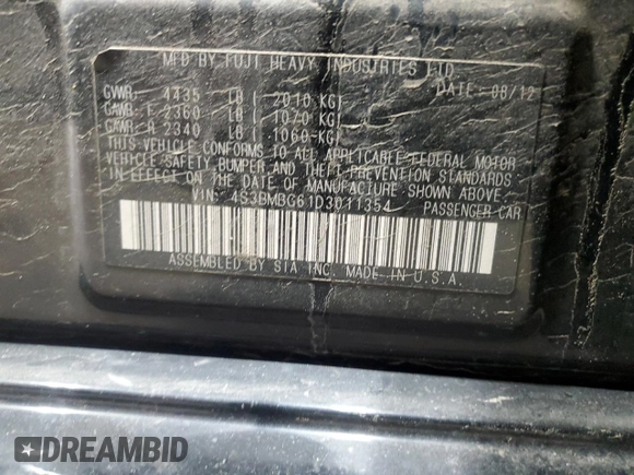 2013 Subaru Legacy Special Sports with VIN 4S3BMBG61D3011354, listed as a Copart auction lot 52773105 with Not provided miles and Salvage title. Bid and sale history available at DreamBid. Image 12.