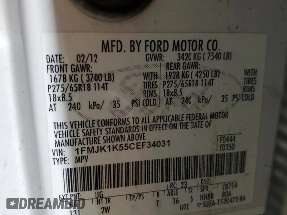 2012 Ford Expedition EL Limited with VIN 1FMJK1K55CEF34031, listed as a Copart auction lot 41774375 with 217,421 mi miles and Salvage Title. Bid and sale history available at carsss.com. Image 15.