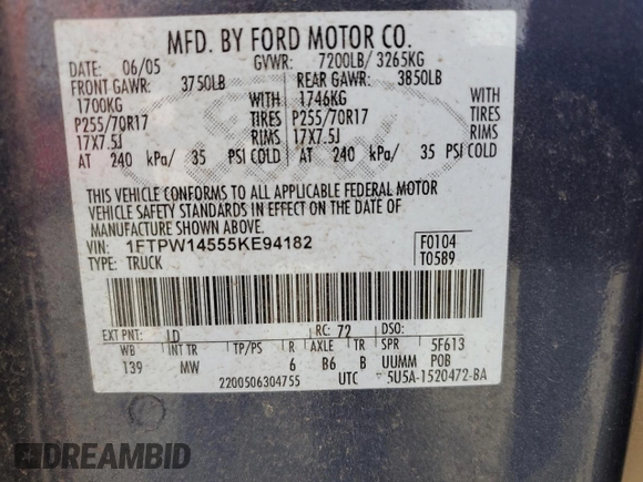 2005 Ford F-150 XLT z VIN 1FTPW14555KE94182, wystawiony jako Copart lot #55995655 z przebiegiem 222 531 mil mil oraz Czysty tytuł • Clean title. Historia ofert i sprzedaży dostępna na DreamBid. Obrazek 12.