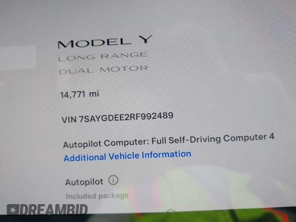 2024 Tesla Model Y Long Range z VIN 7SAYGDEE2RF992489, wystawiony jako IAAI lot #42258232 z przebiegiem 14 771 mil mil oraz . Historia ofert i sprzedaży dostępna na DreamBid. Obrazek 7.