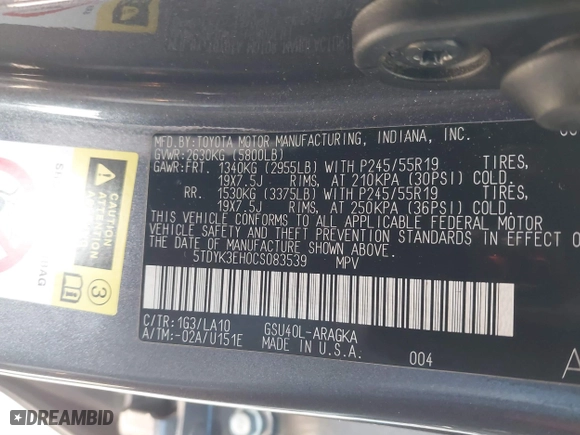 2012 Toyota Highlander Limited with VIN 5TDYK3EH0CS083539, listed as a IAAI auction lot 41640043 with 91,748 mi miles. Bid and sale history available at carsss.com. Image 9.