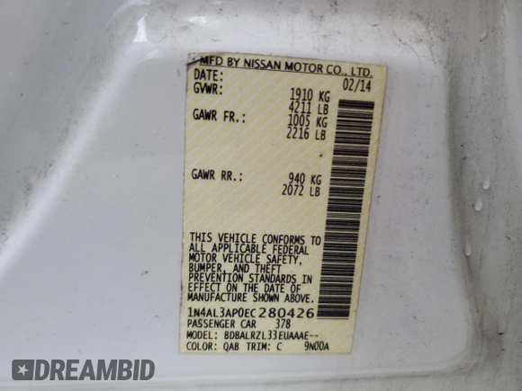 2014 Nissan Altima S with VIN 1N4AL3AP0EC280426, listed as a Copart auction lot 55804825 with 159,650 mi miles and Salvage Title. Bid and sale history available at DreamBid. Image 12.