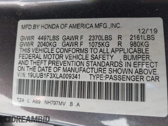 2020 Acura TLX with VIN 19UUB1F3XLA009341, listed as a IAAI auction lot 41702804 with 76,508 mi miles. Bid and sale history available at carsss.com. Image 9.