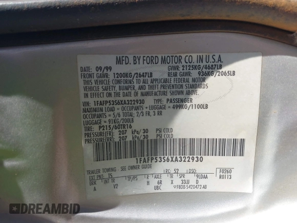 1999 Ford Taurus SE with VIN 1FAFP53S6XA322930, listed as a IAAI auction lot 41422655 with 189,696 mi miles. Bid and sale history available at carsss.com. Image 9.