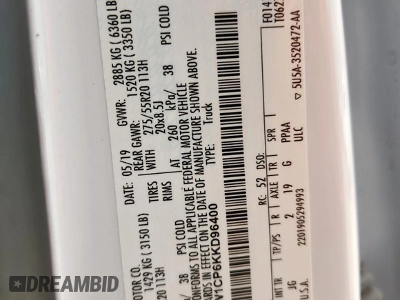 2019 Ford F-150 XL with VIN 1FTEW1CP6KKD96400, listed as a Copart auction lot 59563885 with 159,625 mi miles and Salvage title. Bid and sale history available at DreamBid. Image 12.