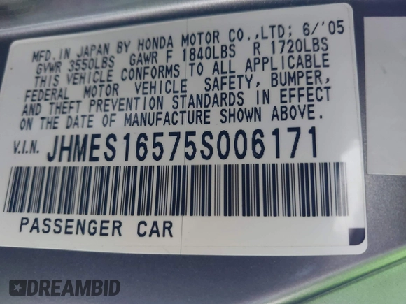 2005 Honda Civic LX with VIN JHMES16575S006171, listed as a IAAI auction lot 42173885 with 118,122 mi miles and . Bid and sale history available at DreamBid. Image 9.
