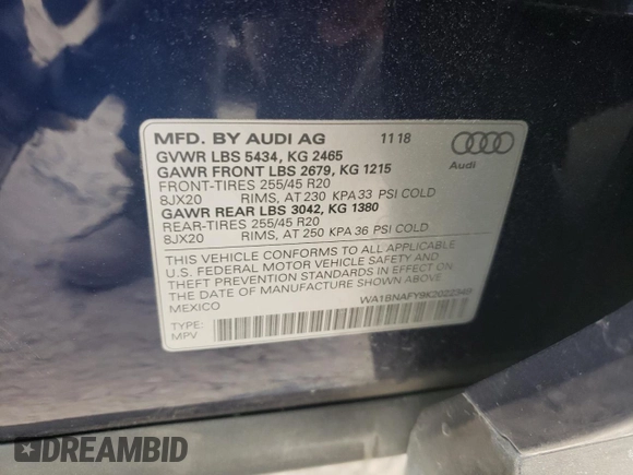2019 Audi Q5 Premium Plus with VIN WA1BNAFY9K2022349, listed as a Copart auction lot 37441723 with 36,348 mi miles. Bid and sale history available at carsss.com. Image 12.