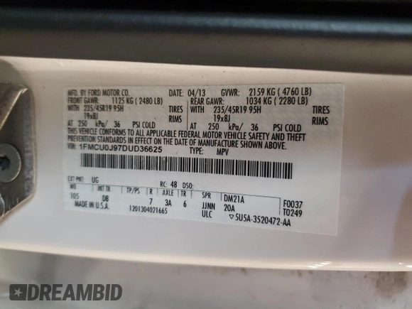 2013 Ford Escape Titanium z VIN 1FMCU0J97DUD36625, wystawiony jako Copart lot #55961815 z przebiegiem 163 327 mil mil oraz Szkoda całkowita • Salvage title. Historia ofert i sprzedaży dostępna na DreamBid. Obrazek 13.