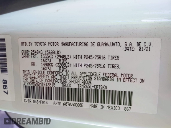 2021 Toyota Tacoma SR with VIN 3TYRX5GN8MT013815, listed as a IAAI auction lot 42311783 with 28,327 mi miles and . Bid and sale history available at DreamBid. Image 9.