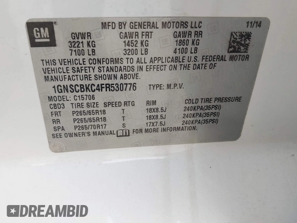 2015 Chevrolet Tahoe LT with VIN 1GNSCBKC4FR530776, listed as a IAAI auction lot 41754350 with 174,694 mi miles and . Bid and sale history available at DreamBid. Image 9.