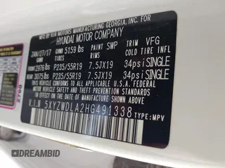 2017 Hyundai Santa Fe Ultimate with VIN 5XYZWDLA2HG491338, listed as a IAAI auction lot 42590671 with 114,521 mi miles and . Bid and sale history available at DreamBid. Image 9.