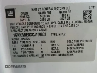 2012 GMC Acadia SLT1 z VIN 1GKKRREDXCJ109003, wystawiony jako Copart lot #52109105 z przebiegiem 200 482 mil mil oraz Szkoda całkowita • Salvage title. Historia ofert i sprzedaży dostępna na DreamBid. Obrazek 14.