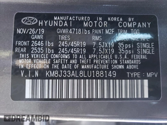 2020 Hyundai Tucson Limited z VIN KM8J33AL8LU188149, wystawiony jako Copart lot #46027755 z przebiegiem 36 849 mil mil oraz Nie do naprawy • Non repairable. Historia ofert i sprzedaży dostępna na DreamBid. Obrazek 14.
