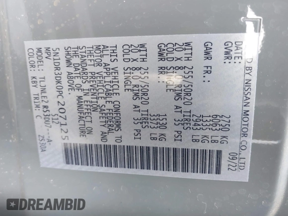 2023 Nissan Pathfinder Platinum с VIN 5N1DR3DK0PC207125, выставлен на аукционе IAAI как лот 41848785 с пробегом 22 068 миль миль и . История ставок и продаж доступна на DreamBid. Изображение 9.