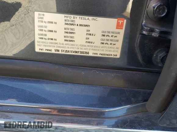 2019 Tesla Model S 100D with VIN 5YJSA1E49KF300356, listed as a Copart auction lot 43312715 with 81,915 mi miles and Salvage title. Bid and sale history available at DreamBid. Image 12.