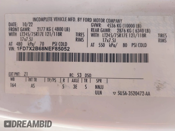 2022 Ford F-250 XL with VIN 1FD7X2B68NEF85052, listed as a IAAI auction lot 42735798 with 152,591 mi miles and . Bid and sale history available at DreamBid. Image 9.