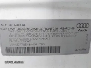 2008 Audi A4 2.0T z VIN WAUDF78E48A061783, wystawiony jako IAAI lot #41393613 z przebiegiem 178 712 mil mil oraz . Historia ofert i sprzedaży dostępna na DreamBid. Obrazek 9.