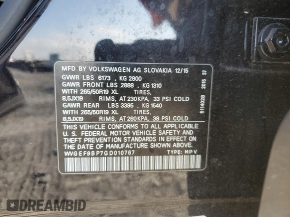 2016 Volkswagen Touareg Sport with VIN WVGEF9BP7GD010767, listed as a Copart auction lot 44782585 with 125,970 mi miles and Salvage Title. Bid and sale history available at DreamBid. Image 14.