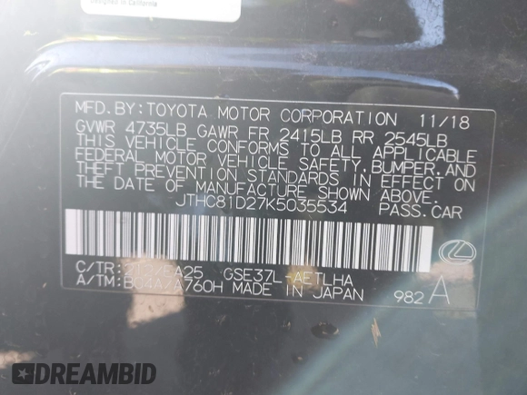 2019 Lexus IS 300 with VIN JTHC81D27K5035534, listed as a IAAI auction lot 41732472 with 70,089 mi miles and . Bid and sale history available at DreamBid. Image 9.