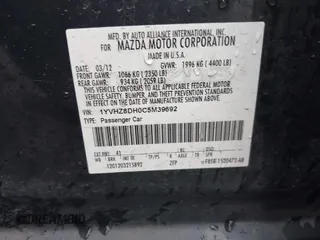 2012 Mazda 6 i Touring with VIN 1YVHZ8DH0C5M39692, listed as a IAAI auction lot 41772656 with 137,386 mi miles and . Bid and sale history available at DreamBid. Image 9.
