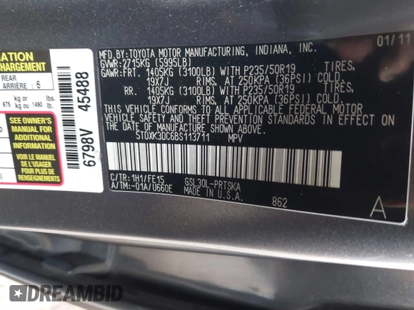 2011 Toyota Sienna SE with VIN 5TDXK3DC6BS113711, listed as a IAAI auction lot 41809910 with 174,746 mi miles. Bid and sale history available at carsss.com. Image 9.