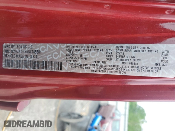 2021 Jeep Wrangler Unlimited Sport S with VIN 1C4HJXDGXMW785601, listed as a Copart auction lot 57342445 with 57,147 mi miles and Salvage title. Bid and sale history available at DreamBid. Image 13.