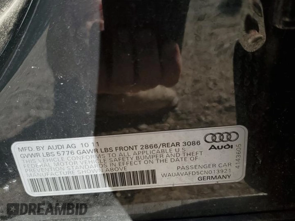 2012 Audi A8 with VIN WAUAVAFD5CN013921, listed as a Copart auction lot 47845595 with 92,512 mi miles and Salvage title. Bid and sale history available at DreamBid. Image 13.