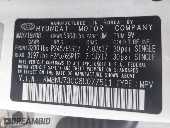 2008 Hyundai Veracruz GLS with VIN KM8NU73C08U077511, listed as a IAAI auction lot 42213972 with 202,230 mi miles and . Bid and sale history available at DreamBid. Image 9.